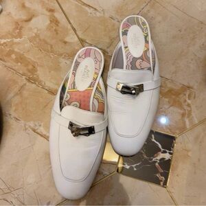Hermes White Mules with Silver Accent